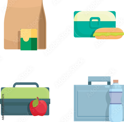 Vector collection of various lunch bags and boxes with simplistic design, perfect for educational content