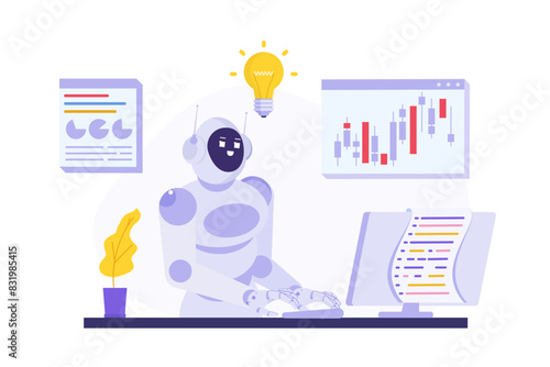 Trading bot or  robot, ai trader, automatic stock trading concept. Vector illustration