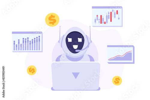 Trading bot or  robot, ai trader, automatic stock trading concept. Vector illustration