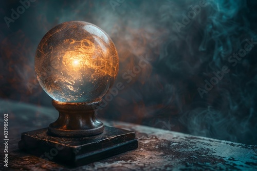 Glowing crystal ball with smoke in dark fantasy setting