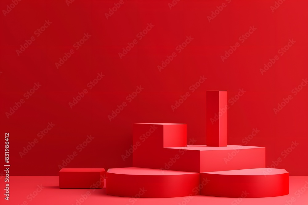 Red background, three cube podiums of different heights stacked on top of each other in the center of the picture, minimalist style, C4D rendering, 3D illustration, Red background, three cube podiums of different heights stacked on top of each other in the center of the picture, minimalist style, C4D rendering, 3D illustration,