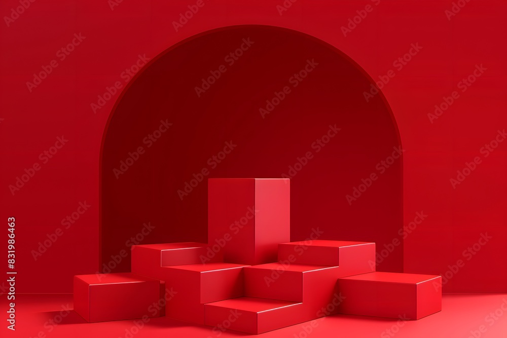 Red background, three cube podiums of different heights stacked on top of each other in the center of the picture, minimalist style, C4D rendering, 3D illustration, Red background, three cube podiums of different heights stacked on top of each other in the center of the picture, minimalist style, C4D rendering, 3D illustration,