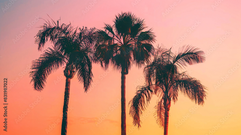 Palm trees against orange pink sky at sunset. copy space