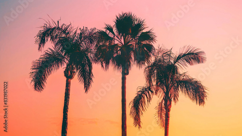 Palm trees against orange pink sky at sunset. copy space