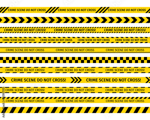 Crime scene yellow tape. Set of caution crime scene bands. Seamless striped boundary lines. Do not cross ribbon. Police warning barrier tapes for criminal accident places. Vector illustration. © Iryna