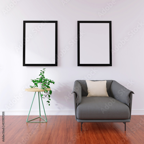 Wall Poster Frame Mockup with Beautiful Sofa in a Living Room. 3D Render