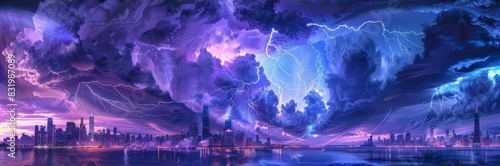 Panoramic view of an electrifying thunderstorm over a cityscape, digital painting, vivid bolts of lightning splitting the night sky photo