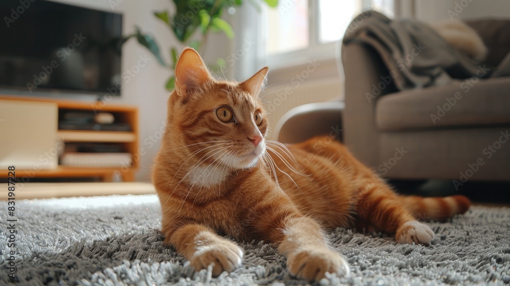 cat sitting on floor, with beautiful eyes, looking cute and curious, showcasing its furry charm