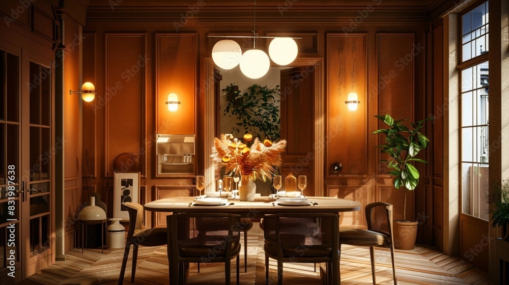 Beautiful interior of a dining room of a house with brown walls and night lights Beautiful interior of a dining room of a house with brown walls and night lights
