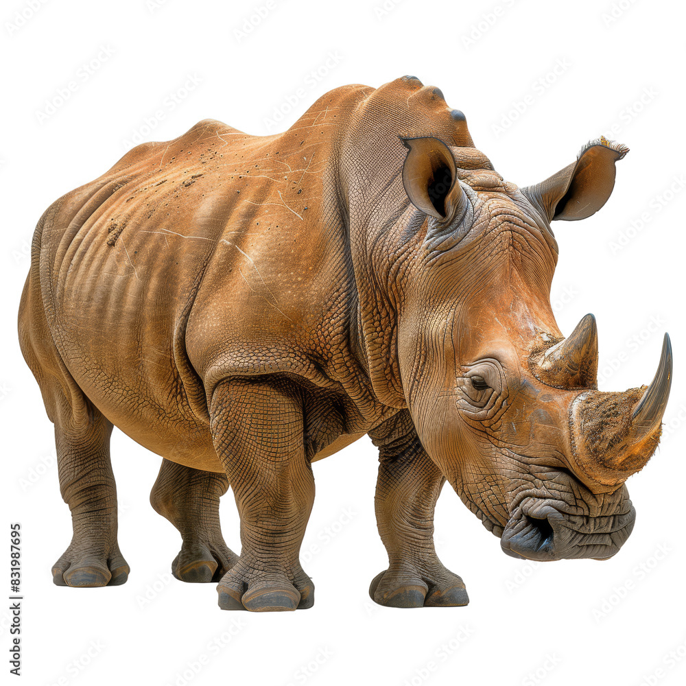 Fototapeta premium Close-up view of a majestic rhinoceros. The detailed texture of its skin and its powerful presence make it an awe-inspiring sight.