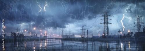 Panoramic view of an industrial landscape under heavy rain with electric pylons and lightning arcs photo