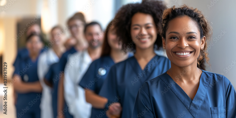 A cheerful female healthcare worker is in focus, with her medical team blurred in the background A cheerful female healthcare worker is in focus, with her medical team blurred in the background