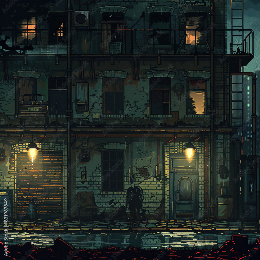 old building in night, retro game background