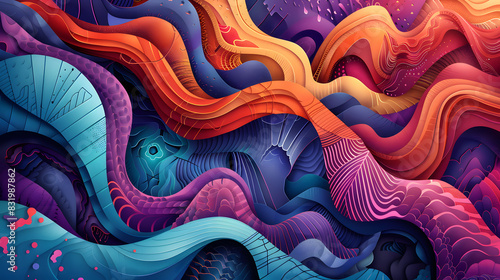 An abstract background featuring intricate, interwoven patterns. Use a mix of lines, shapes, and colors to create a complex, textured look that draws the viewer's eye and invites exploration. photo