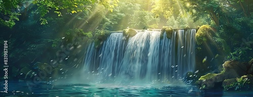 Serene waterfall cascading through lush green foliage  sunbeams filtering through the trees.