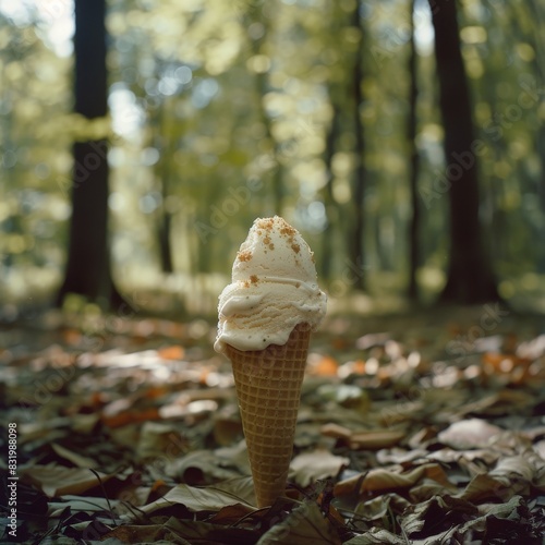 Delicious ice cream cone in autumn forest