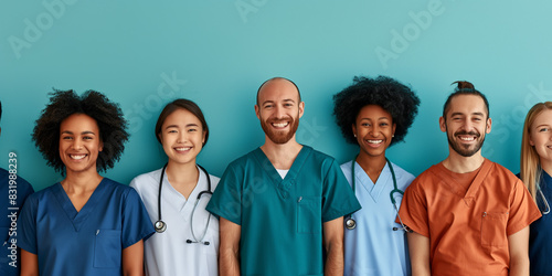 A multiracial team of healthcare professionals stands against a teal background demonstrating unity photo