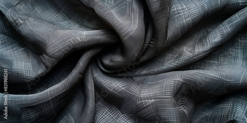 A dark blue textile with a textured pattern a wrinkled blue textile with a striped pattern textile has a soft focus, creating a sense of depth background is plain blue, and the foreground is slightly  photo