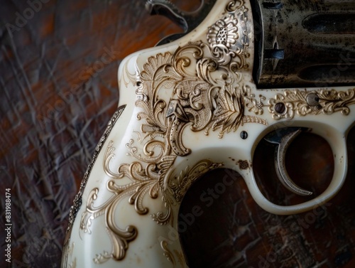 Ornate antique revolver with intricate engraved design photo