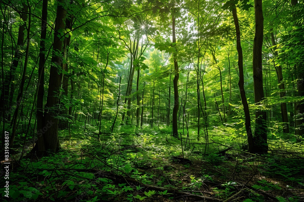 Naklejka premium A sprawling, lush green forest teeming with numerous towering trees, creating a serene and enchanting haven of natures grandeur. Generative AI