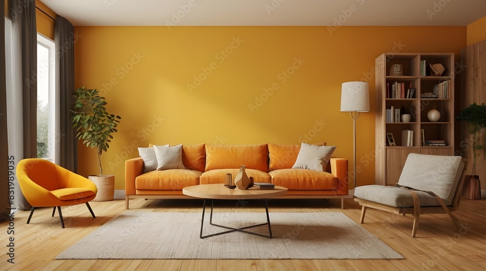 Simple room: 3D model of a modern timber living room with an orange armchair against a blank yellow wall