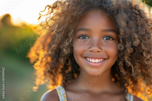 Happy young African American girl with curly hair, glancing at the camera with a big grin photo