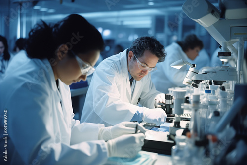 A scientist, possibly a doctor or researcher, peers intently into a microscope in a bright laboratory photo