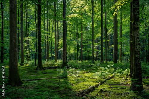 A vibrant forest teeming with lush greenery and a multitude of trees, creating a serene and enchanting landscape. Generative AI