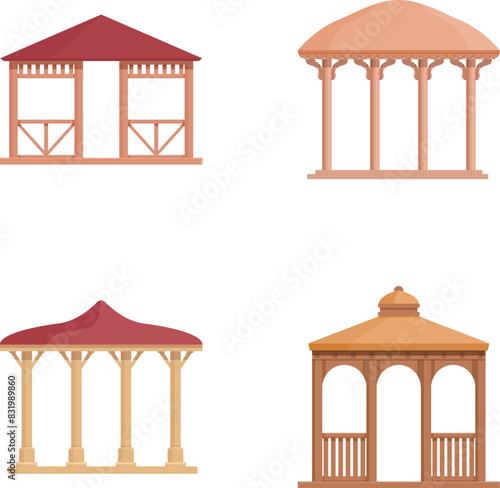 Collection of four flat design gazebos, perfect for landscape architecture concepts
