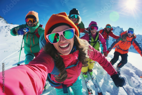 A group of happy and excited young Indian people in colorful snow gear In kashmir climb up the snowy mountain
