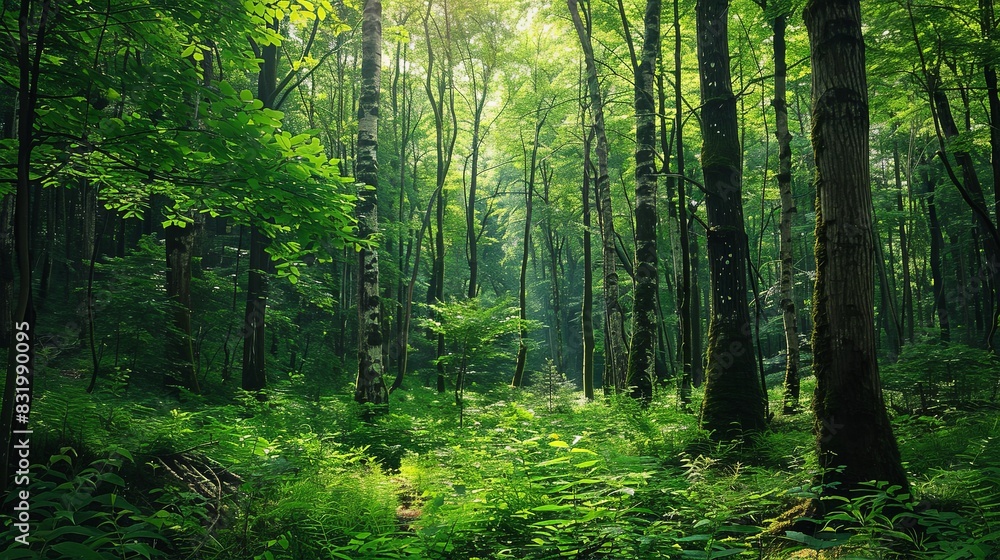 A lush, vibrant forest teeming with a diverse array of trees, creating a breathtaking natural haven for wildlife and exploration. Generative AI A lush, vibrant forest teeming with a diverse array of trees, creating a breathtaking natural haven for wildlife and exploration. Generative AI