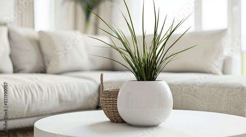 Close up of a coffee table with white round vase with plant in a can basket with white sofa in a minimalistic living room