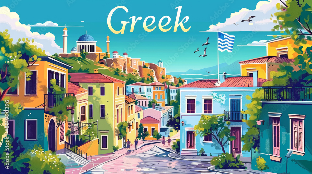Greek cityscape, in the style of graphic design-inspired illustrations, travel poster
