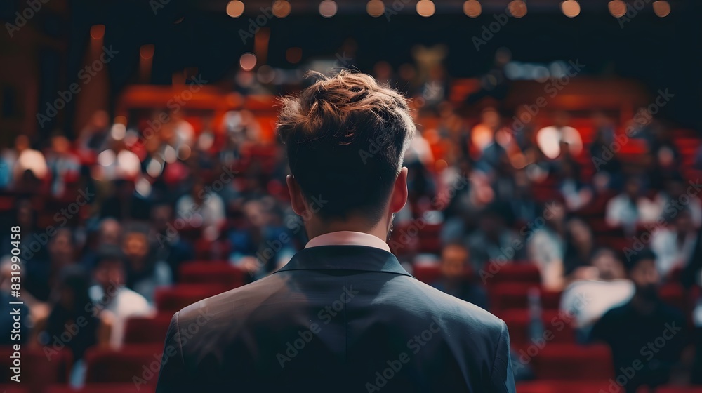 Speaker giving a talk on corporate business conference. Unrecognizable people in audience at conference hall. Business and Entrepreneurship event. Speaker giving a talk on corporate business conference. Unrecognizable people in audience at conference hall. Business and Entrepreneurship event.