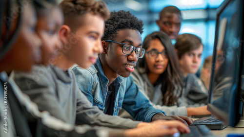 Young students engaged in collaborative work on a computer in a modern classroom setting