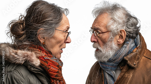 Mid-aged couple yelling at each other isolated on white, studio shot, the concept for marriage problem, temper control, and human relationships. photo