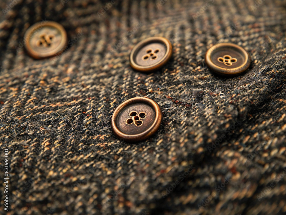 Detailed closeup of intricate buttons on a stylish jacket, featuring unique design and texture. Detailed closeup of intricate buttons on a stylish jacket, featuring unique design and texture.