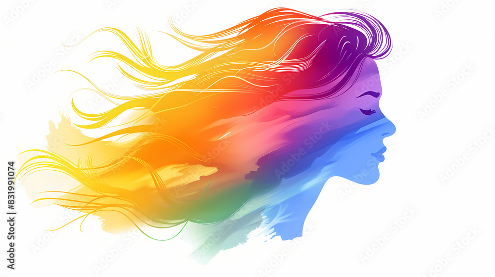 Colorful illustration of woman profile face, woman pride, rainbow