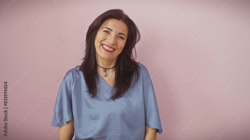 Joyful middle age hispanic woman, oozing confidence with a toothy smile, standing casually against an isolated pink background, radiating positivity and cheerfulness. Joyful middle age hispanic woman, oozing confidence with a toothy smile, standing casually against an isolated pink background, radiating positivity and cheerfulness.