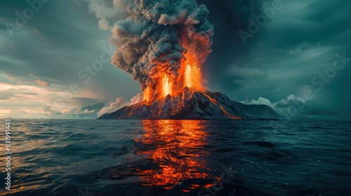Volcano eruption on an island in the ocean, photo