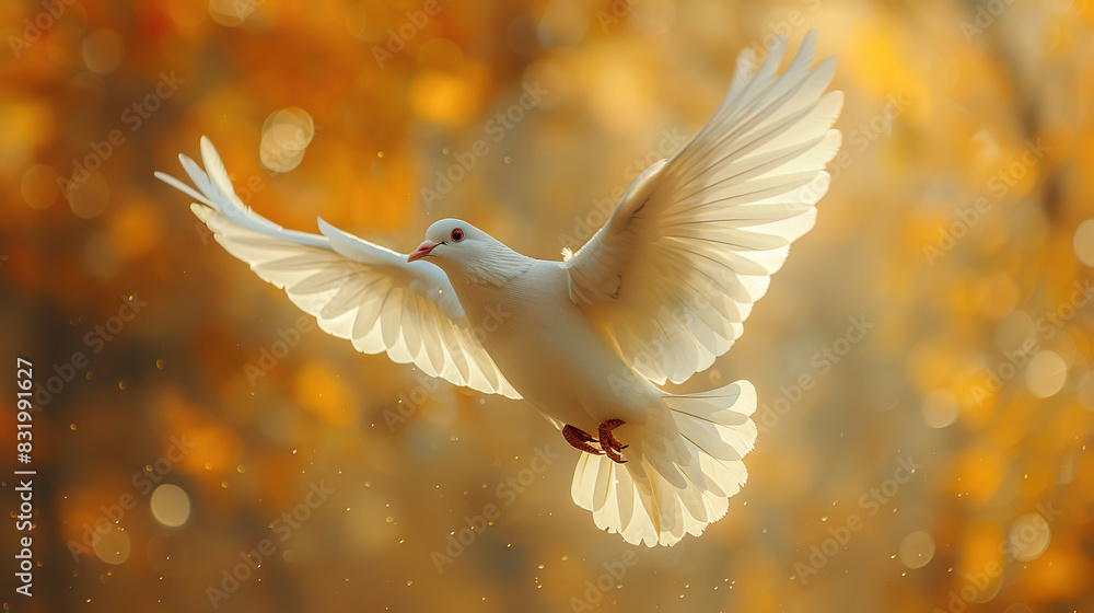 A white dove is flying in the air with its wings spread wide. Generated by AI A white dove is flying in the air with its wings spread wide. Generated by AI