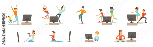 Happy People Character Playing Video Game with Gamepad Vector Set