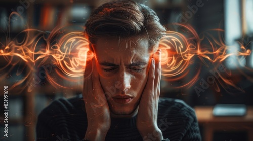 A man holds his head with a pained expression on his face, hearing a high-frequency noise sound in his ears. have tinnitus - noise whistling in ears There are symptoms of illness.