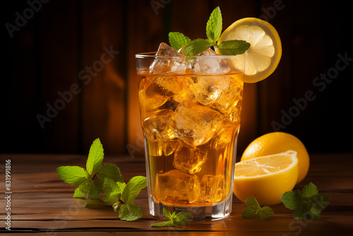 glass filled with iced tea garnished with fresh lemon slices and mint leaves