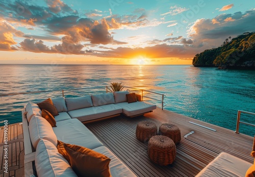 Set sail on a journey of extravagance aboard this exclusive private yacht, where a stylish lounge area awaits on deck, offering panoramic ocean views as the sun sets in the distance. photo