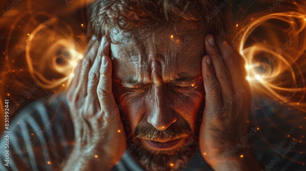 a man holding his head in pain, with an orange glow around his head. his have tinnitus - noise whistling in ears