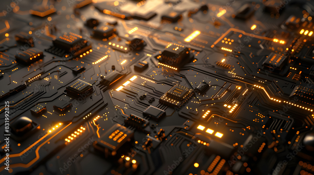 An abstract background with a digital, circuit-board-like design. Use precise lines and geometric shapes in metallic colors to create a sleek, high-tech look that suggests a complex, interconnec An abstract background with a digital, circuit-board-like design. Use precise lines and geometric shapes in metallic colors to create a sleek, high-tech look that suggests a complex, interconnec