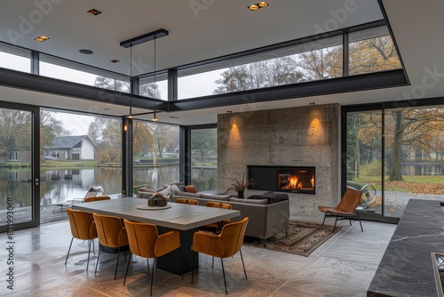 Modern dining room with large windows, stylish furniture, and a cozy fireplace, creating a warm and inviting atmosphere perfect for family gatherings and elegant dinners
