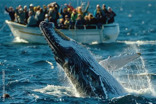 A majestic whale breaches the surface near a boat filled with spectators