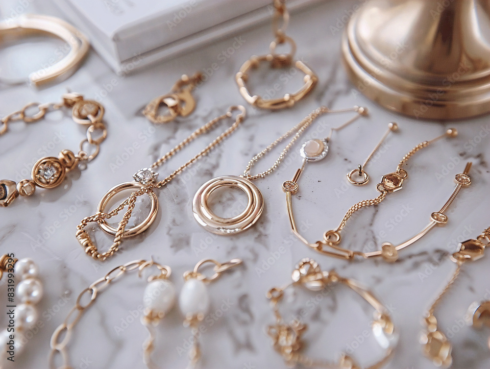 Elegant minimalist jewelry pieces displayed on a sleek marble surface for a stylish aesthetic presentation. Elegant minimalist jewelry pieces displayed on a sleek marble surface for a stylish aesthetic presentation.